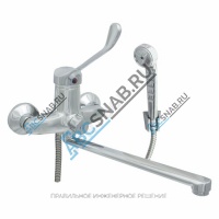 Смеситель для ванны с душем серия Стройка ЦС-СМ 300-4 D35 М-44 одноручный плоский излив, душевой шланг н/ж сталь, хромированная пластиковая лейка и кронштейн Центр Сантехники (Подольск) СТ300019