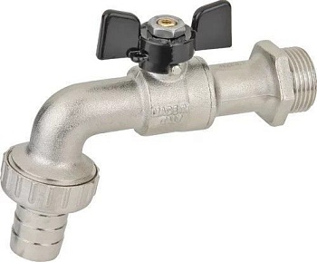 Кран шаровой, латунный, водоразборный, резьба наружная по ISO 228/1-штуцер с накидной гайкой, "бабочка" из алюминия, Dn15 (G1"), ALASKA, 688