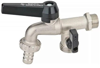 Кран шаровой, латунный, водоразборный, сдвоенный, резьба наружная по ISO 228/1-штуцер с накидной гайкой, рычаг из алюминия, Dn10 (G1/2"xG3/4"), ALASKA, 660